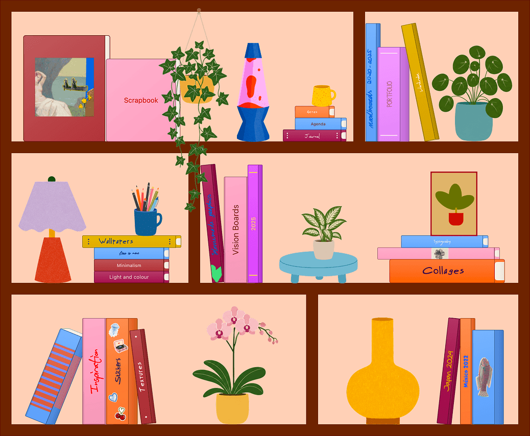 A warm Nooka bookshelf with scrapbooks, plants, lamps, and stacked books.