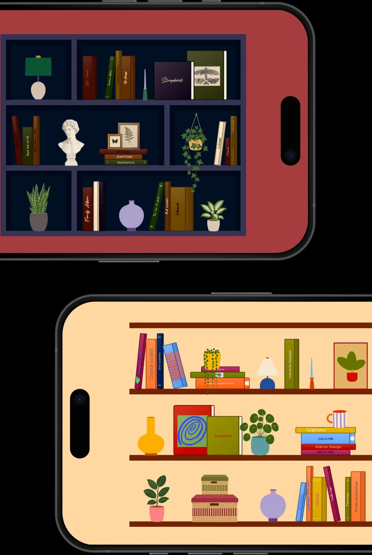 A styled Nooka bookshelf on iPhone, with hand-titled books, plants, a lamp, and small decorations on painted shelves.