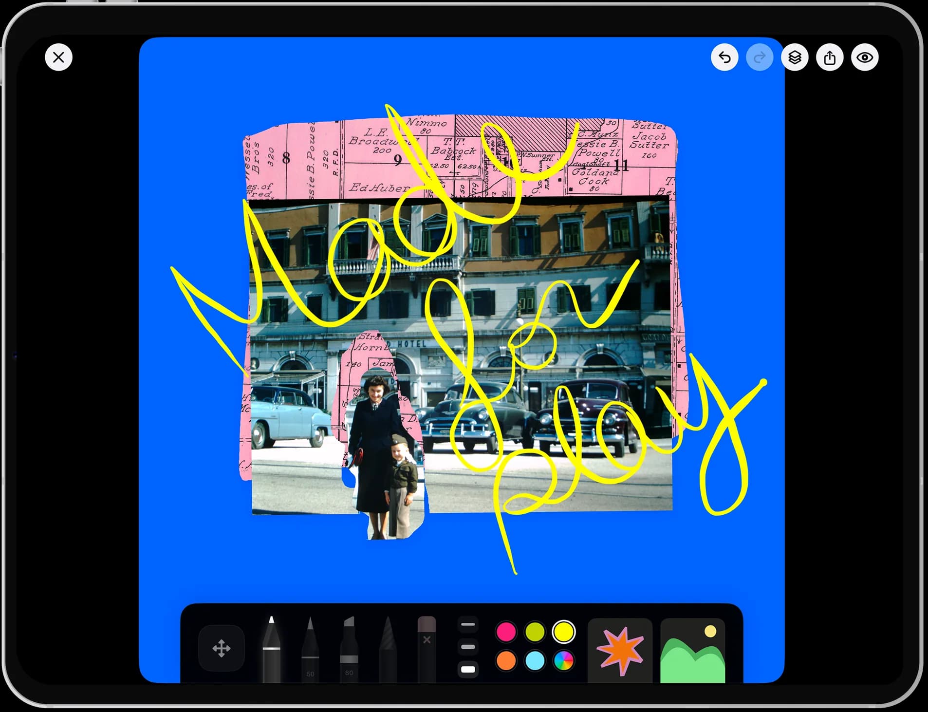 A Nooka collage page on iPad: a vintage street photo cut out over a pink map scrap on an electric blue background, with 'Made for play' written across it in yellow handwriting.