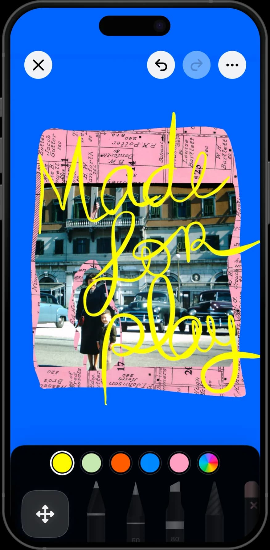 A Nooka collage page on iPhone with a vintage photo torn onto a pink map scrap over electric blue, and 'Made for play' drawn across it in yellow.