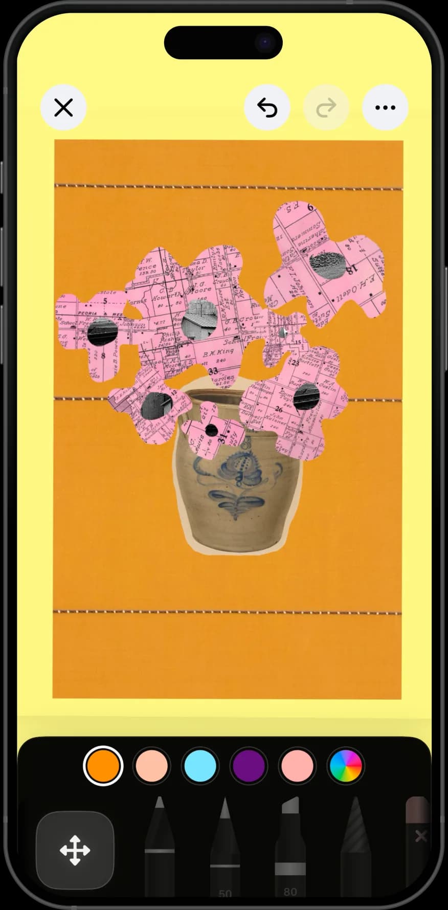 A Nooka collage page on iPhone: flowers cut from a pink antique map arranged in a stoneware jar on an orange stitched background.