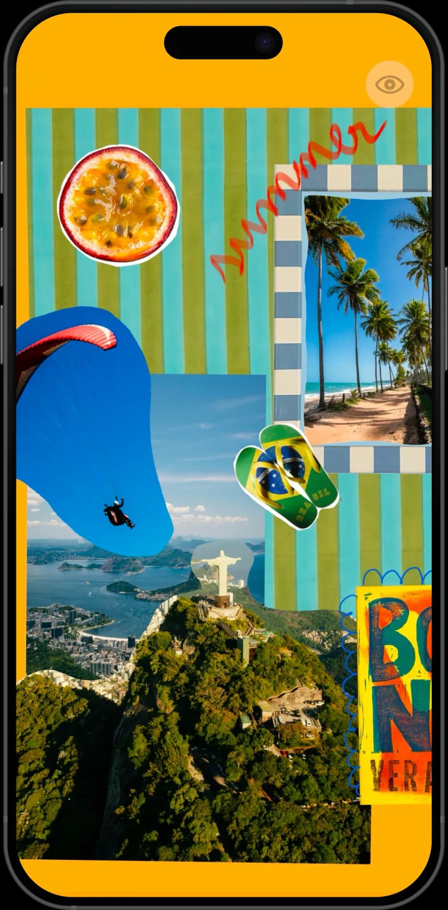 A Nooka summer mood board on iPhone: palm trees, a paraglider over Rio, a passion fruit cutout, Brazilian flip-flops, and a printed poster on a striped green background, with 'summer' handwritten in red.