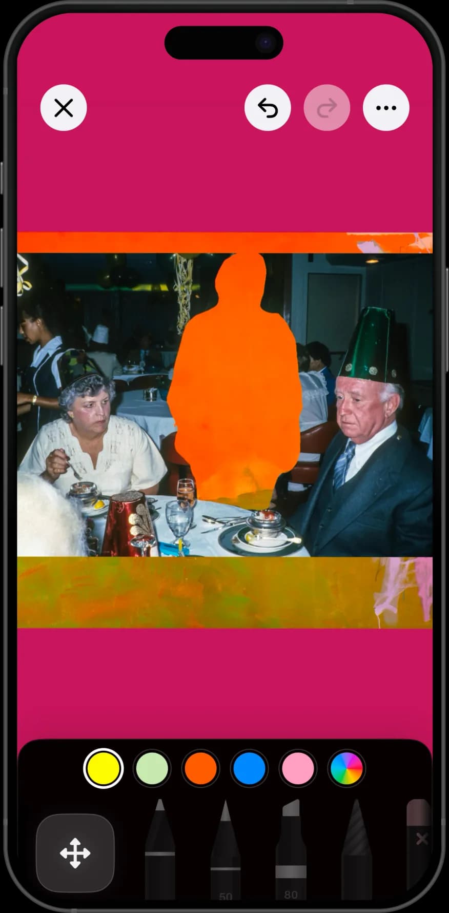 Nooka's cutout tool on iPhone, with a figure lifted out of a vintage dinner-party photo and filled in bright orange against a magenta page.