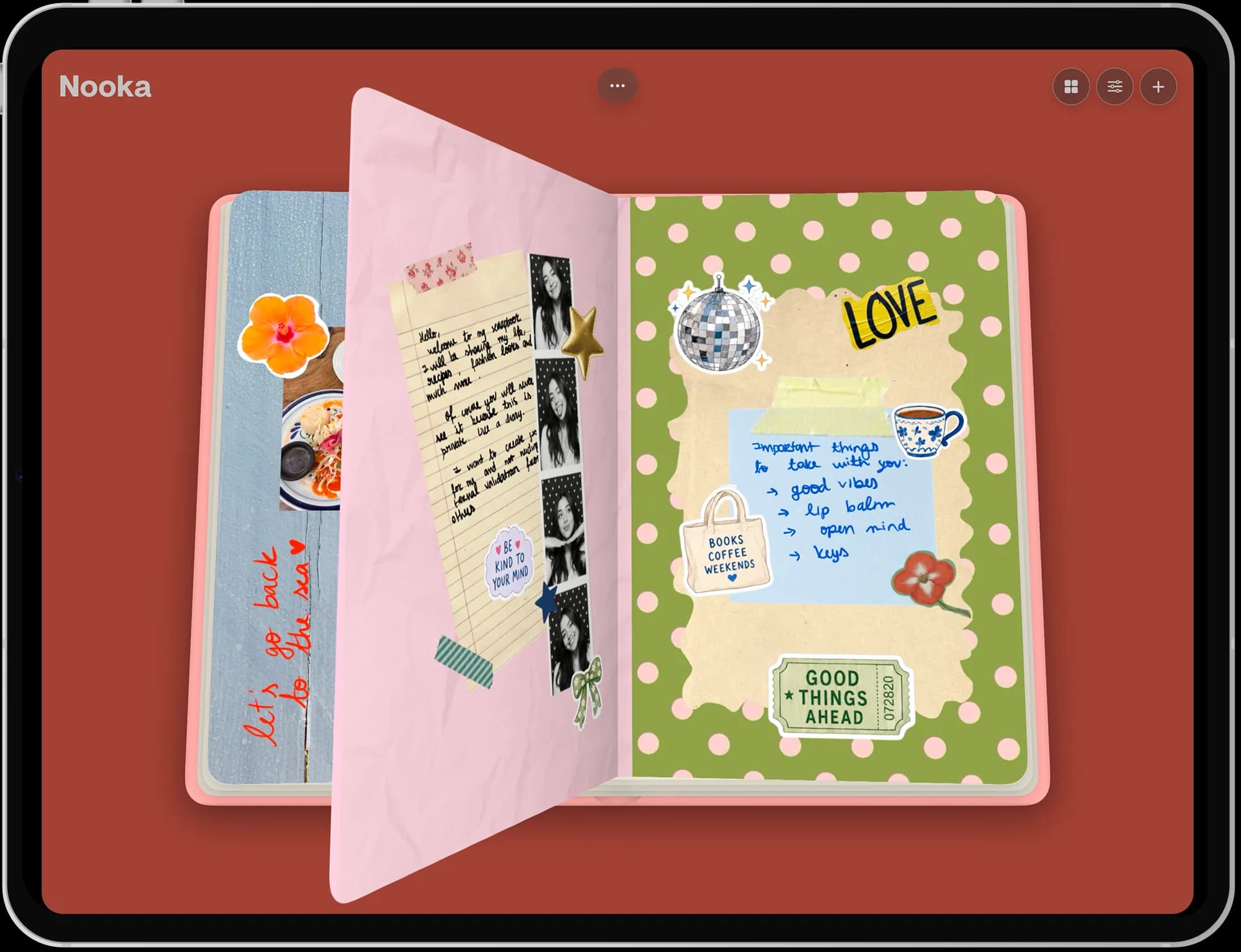 A Nooka scrapbook open flat on iPad, mid page-turn: a pink page with a handwritten letter, a photo-booth strip, and washi tape, facing a green polka-dot page with a disco-ball sticker and a blue handwritten list.