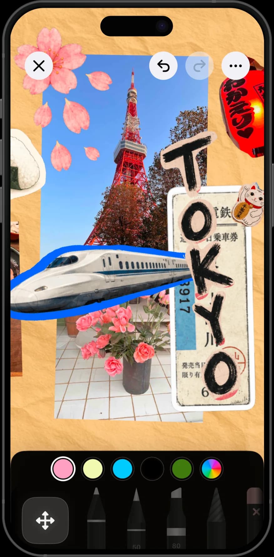 The same Tokyo scrapbook page open on iPhone, with a Tokyo Tower photo, a cut-out train ticket, and cherry-blossom petals on a kraft-paper background.