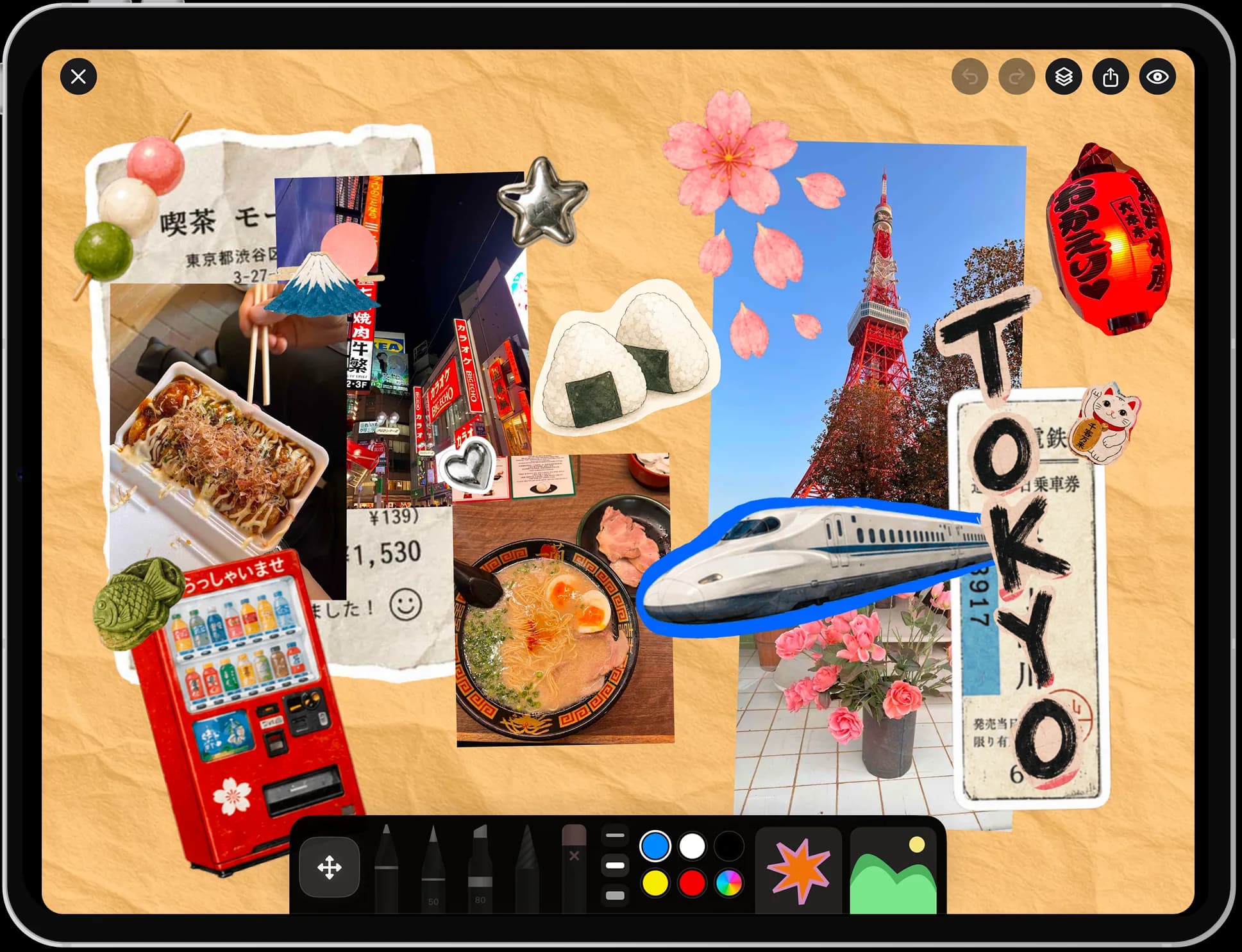 A Nooka travel scrapbook page about Tokyo on iPad, layering photo cutouts of ramen, a vending machine, and Tokyo Tower with cherry-blossom stickers, a paper lantern, and a hand-drawn outline around a bullet train.